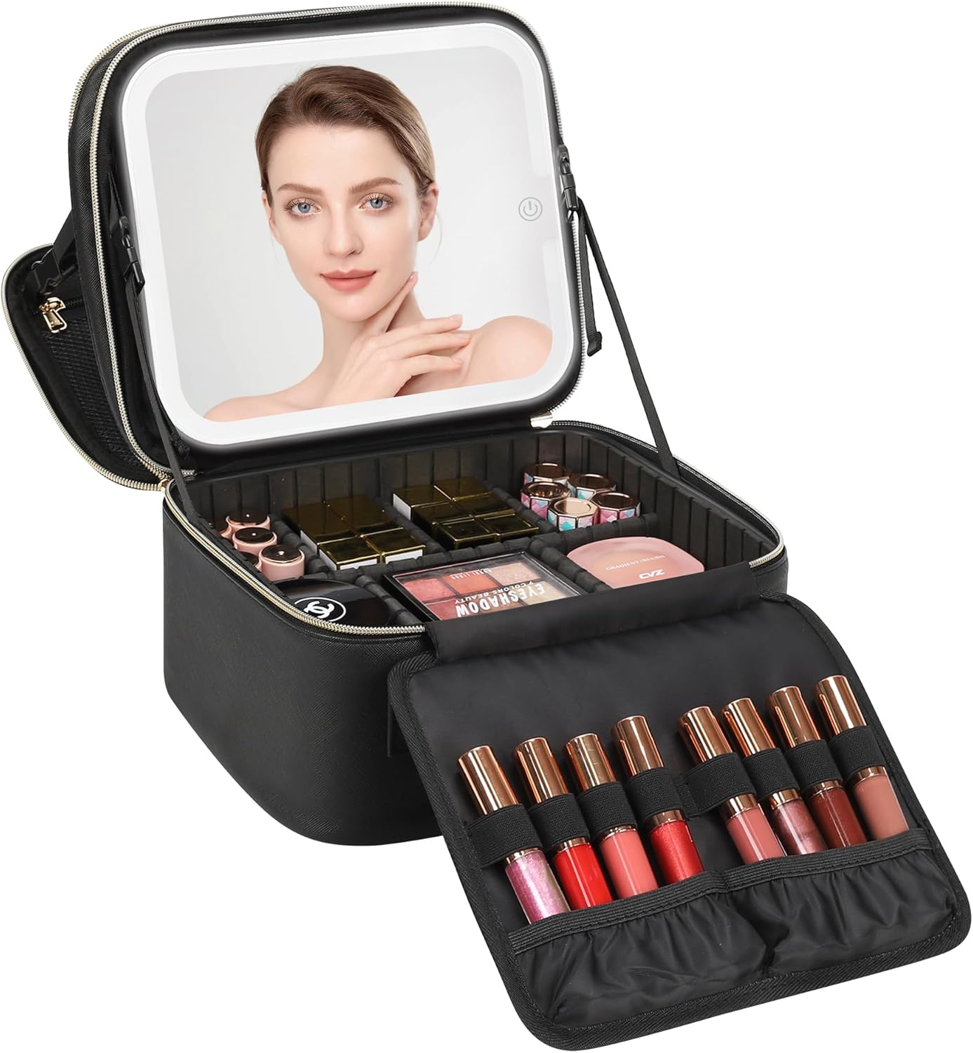Relavel Travel Makeup Bag With LED Mirror, Cosmetic Train Case with Light up Mirror, Portable Makeup Artist Organizer Bag with Adjustable Dividers, Makeup Brush Holder Storage, Black