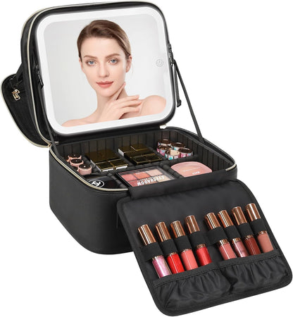 Relavel Travel Makeup Bag With LED Mirror, Cosmetic Train Case with Light up Mirror, Portable Makeup Artist Organizer Bag with Adjustable Dividers, Makeup Brush Holder Storage, Black
