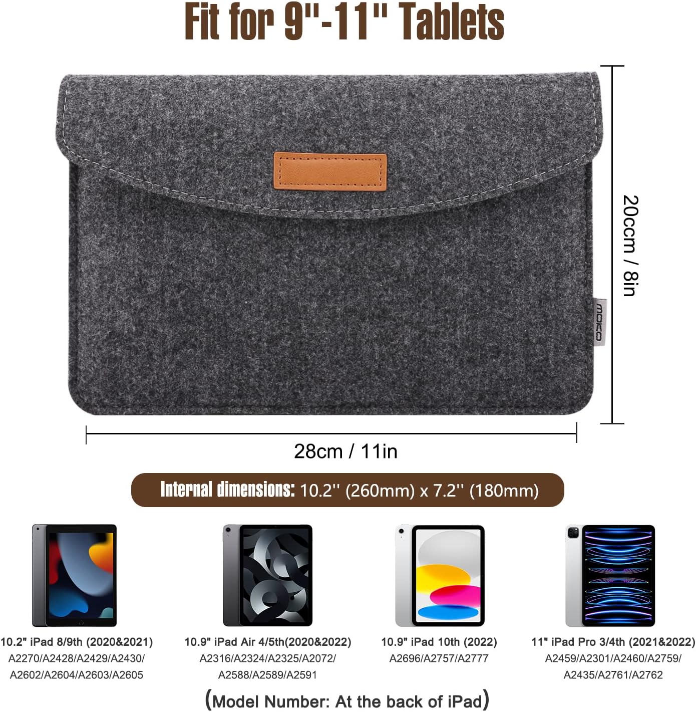 MoKo 9-11 Inch Felt Tablet Sleeve Bag Carrying Case Fits with New 11-inch iPad Air M2, New 11-inch iPad Pro M4, iPad 10th Gen 10.9, iPad 9/8/7th 10.2, iPad Air 5/4th 10.9, iPad 9.7 - Dark Gray