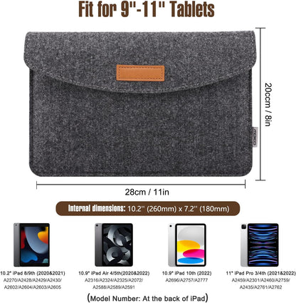 MoKo 9-11 Inch Felt Tablet Sleeve Bag Carrying Case Fits with New 11-inch iPad Air M2, New 11-inch iPad Pro M4, iPad 10th Gen 10.9, iPad 9/8/7th 10.2, iPad Air 5/4th 10.9, iPad 9.7 - Dark Gray