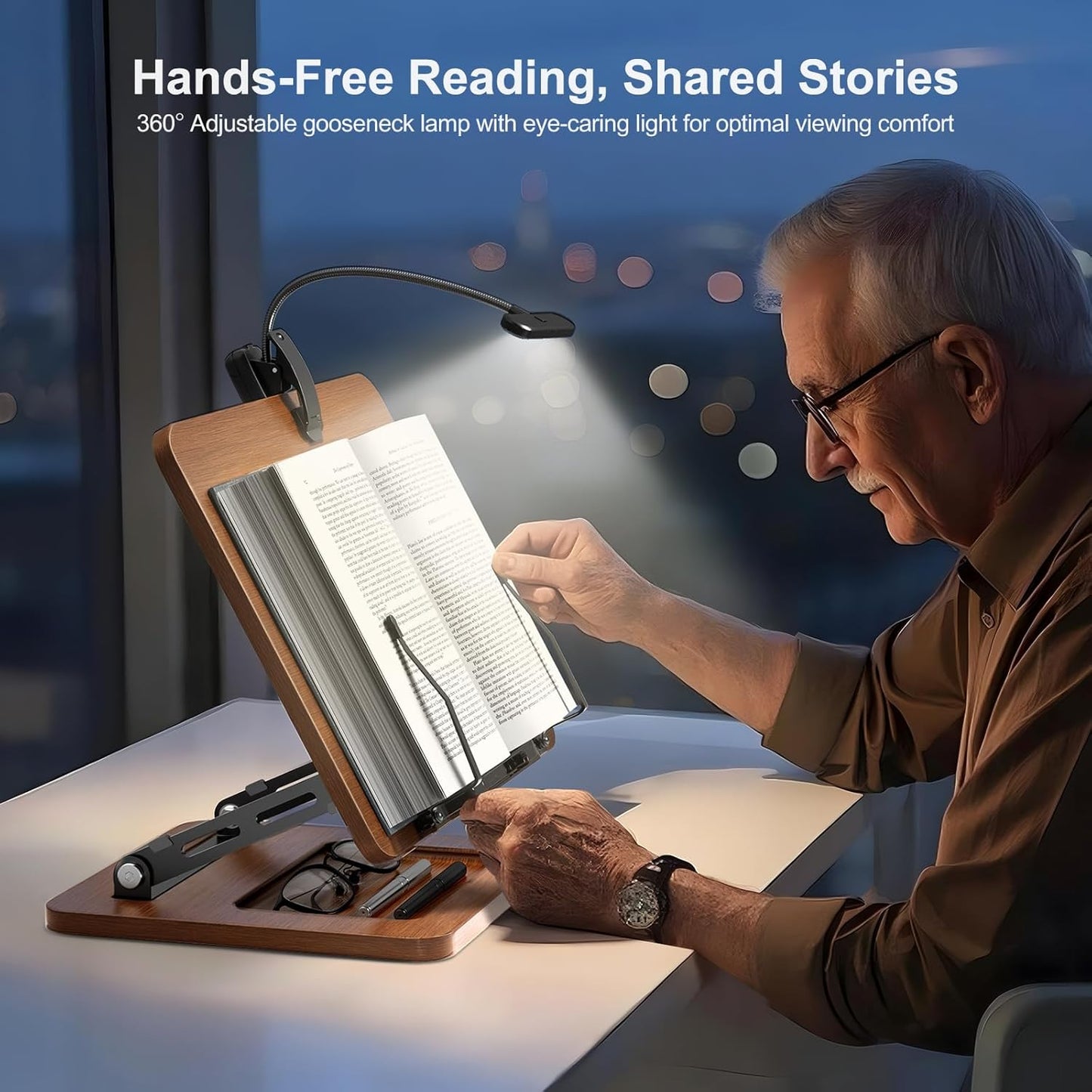 OPTIXCELL Book Stand for Reading with Light, Book Holders for Reading Hands Free, Adjustable Height & Angle, Fits Cookbook Recipe, Textbook, Foldable for Kitchen, Office, School,Gift for Book Lovers
