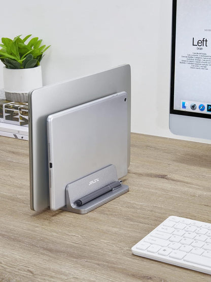 JARLINK Vertical Laptop Stand Holder, Aluminum Double Desktop Stand Holder with Adjustable Dock (Up to 17.3 inch), Compatible with MacBook, Surface, Chromebook, and Gaming Laptops, Silver