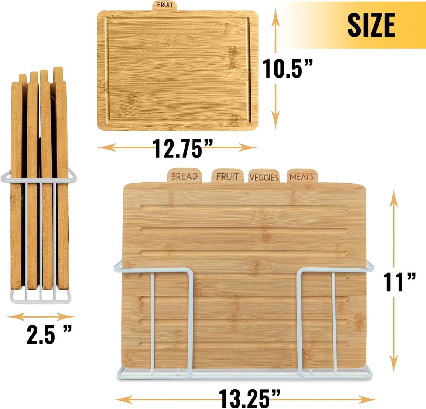Acacia Cutting Boards for Kitchen with Holder 13" x 11" x 2.5" | Labeled Wood Cutting Board Sets | Large Wooden Cutting Board Set of 4 with Black Organized Stand | Non Toxic Chopping Board
