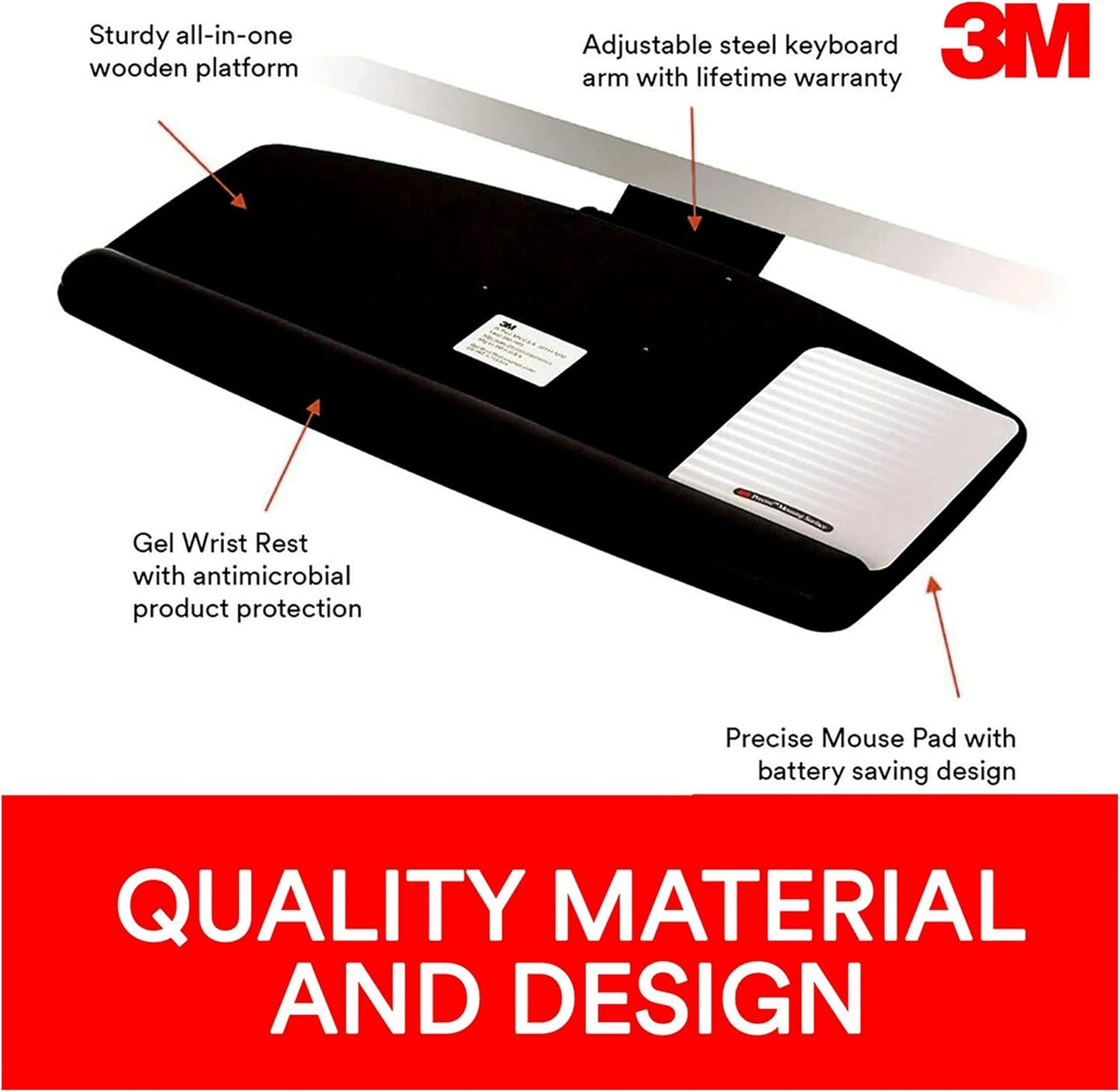 3M Keyboard Tray, Just Lift To Adjust Height And Tilt, Sturdy Tray Includes Gel Wrist Rest And Precise Mouse Pad, Swivels Side To Side And Stores Under Desk, 23" Track, Black (AKT90LE)