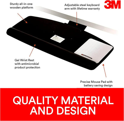 3M Keyboard Tray, Just Lift To Adjust Height And Tilt, Sturdy Tray Includes Gel Wrist Rest And Precise Mouse Pad, Swivels Side To Side And Stores Under Desk, 23" Track, Black (AKT90LE)