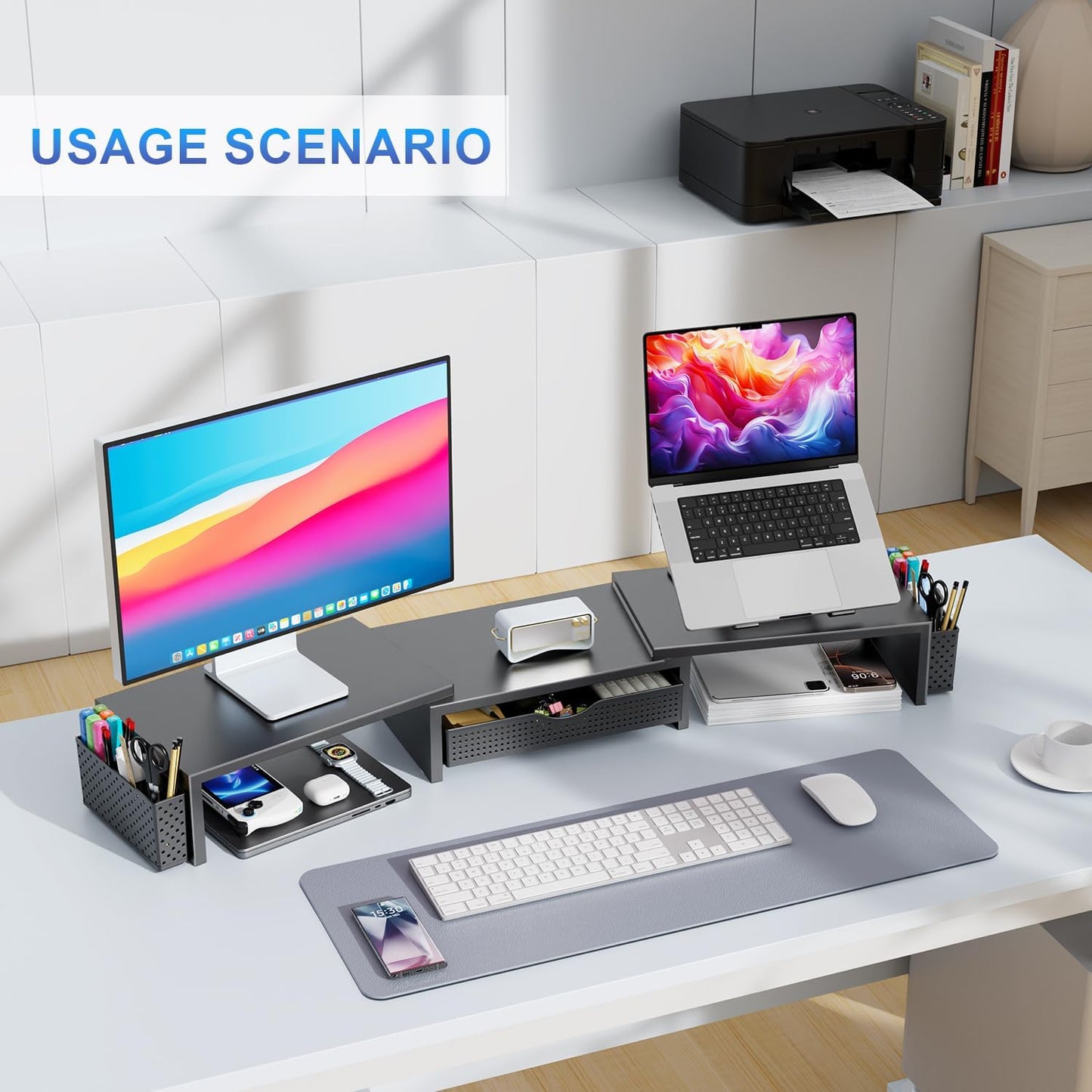 gianotter Dual Monitor Stand Riser, Desk Organizer With Drawer and 2 Pen Holders,Computer Monitor Stand, Desk Shelf for Top of Desk, Wood