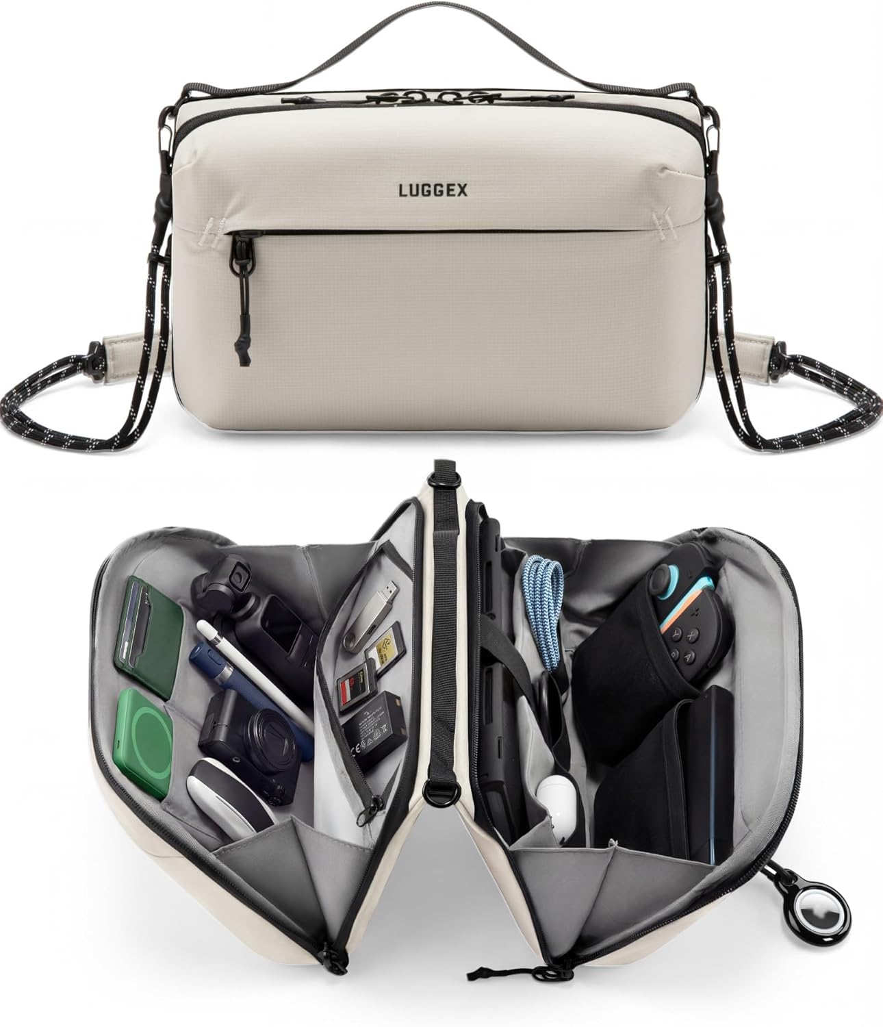 LUGGEX Large All-in-One Tech Pouch, CBX01 Cable Organizer Bag with Removable Crossbody Strap, Double Accessories Bag & Water Resistant for Kindle, Chargers, Cord, Earphone for Travel Office, Black