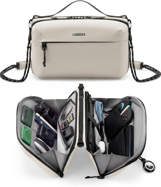 LUGGEX Large All-in-One Tech Pouch, CBX01 Cable Organizer Bag with Removable Crossbody Strap, Double Accessories Bag & Water Resistant for Kindle, Chargers, Cord, Earphone for Travel Office, Black