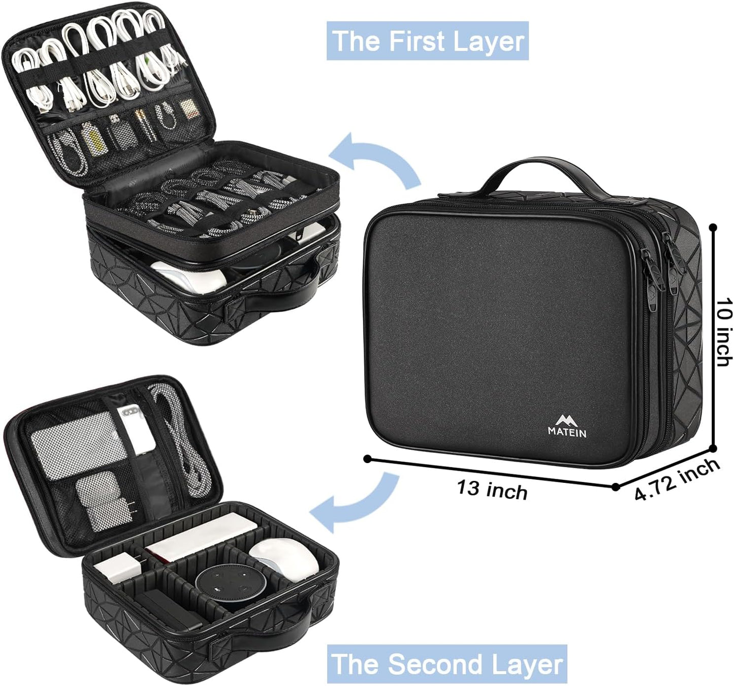 MATEIN Cable Organizer Bag, Waterproof Travel Electronic Storage, Shockproof Portable Double Layer Tech Bags Carrying Case for Cord, Earbuds, Charger, SD Card, DJ Gifts, Black