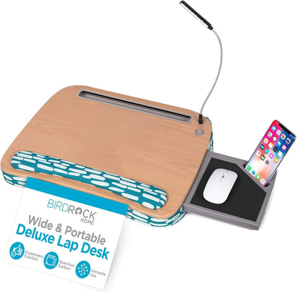 BIRDROCK HOME Deluxe Lap Desk with Pillow Cushion and Wrist Rest - Padded Laptop Desk for Bed, USB Light and Mouse Pad, With Reading Light, Soft Table for Home, Fits Laptops Up to 15" - Teal and Brown