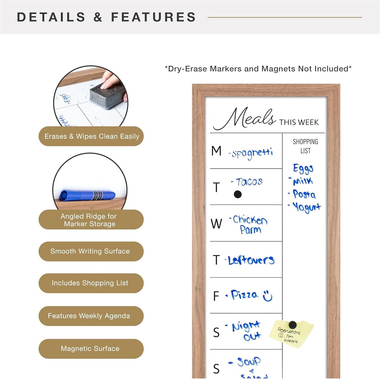 MCS Dry Erase Weekly Planner 11x24 Walnut Framed Calander Whiteboard for Wall, Plan Your Week with Family Weekly Planner for Dinners, Sports, Events & More