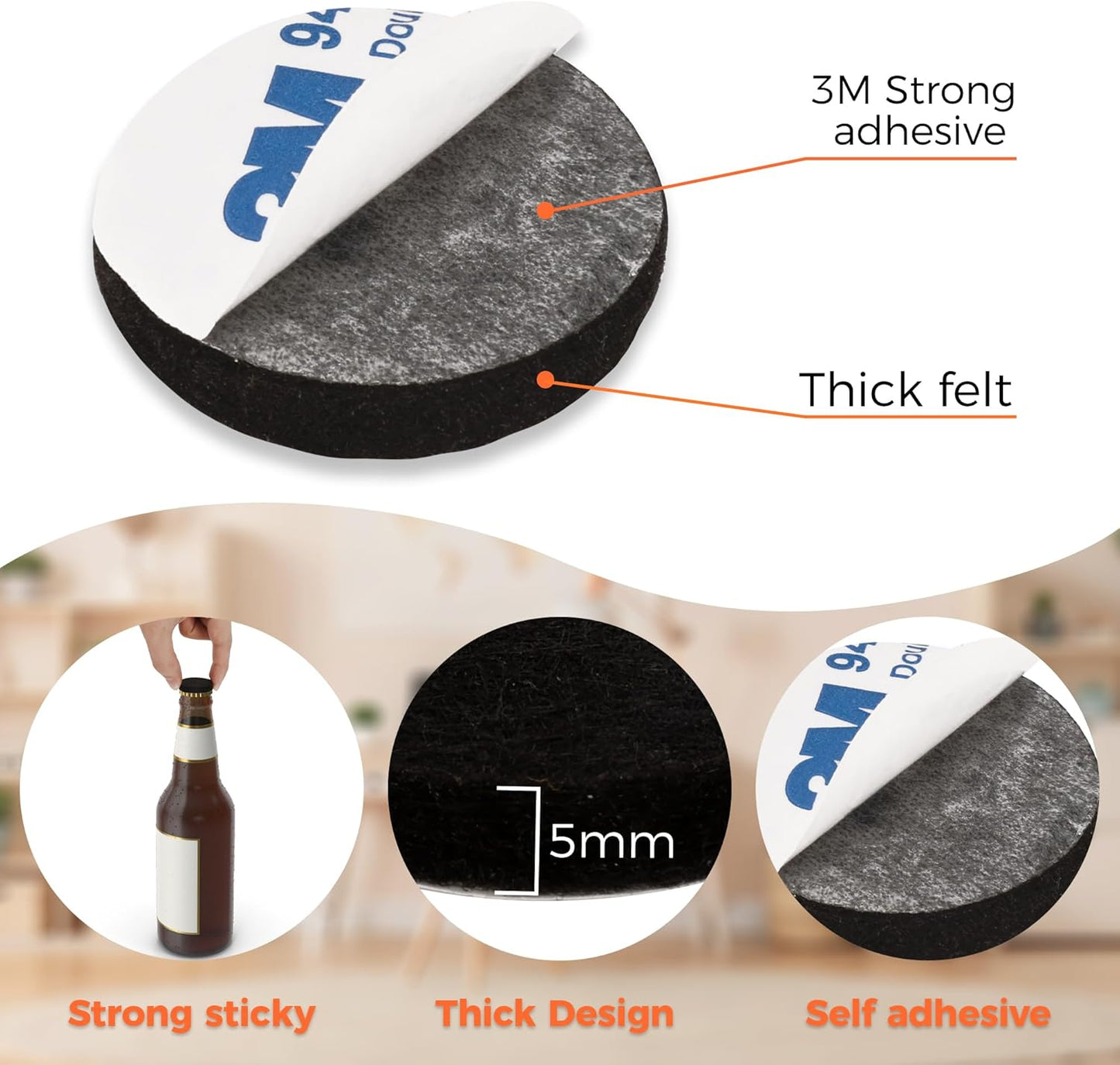 Felt Furniture Pads, Non Slip Self Adhesive Cuttable Felt Tape Black Heavy Duty Felts Strip Roll for Protecting Hardwood Floors Chair Wall Protector (40 x 5 x 0.12 Inch)
