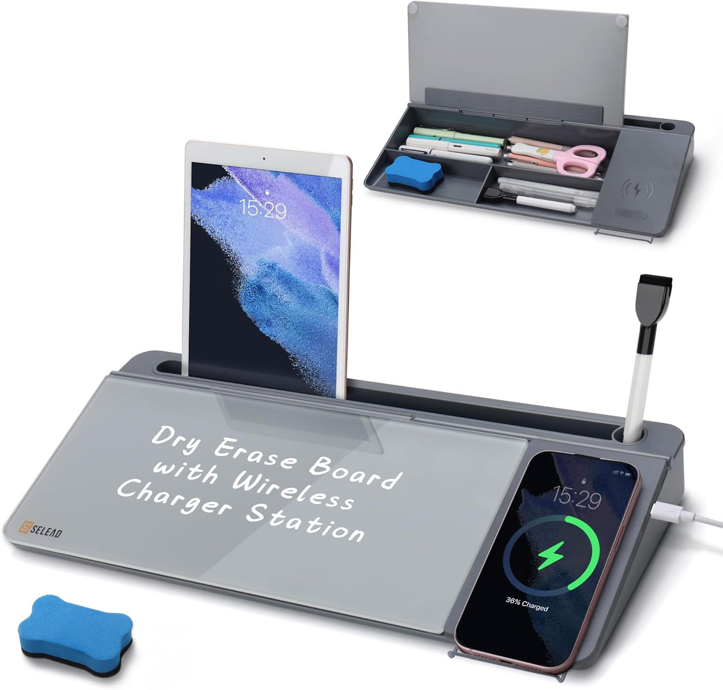 SELEAD Desktop Glass Whiteboard with Wireless Charger Station, Dry Erase Board Computer Pad Keyboard Stand with Organizer for Home, School, Office Desk Accessories, Black