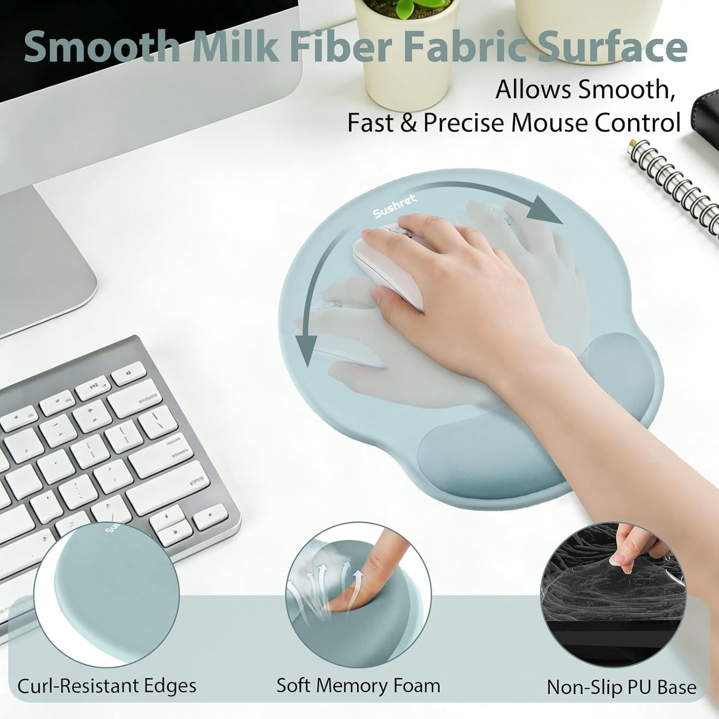 Sushret Mouse Pad and Keyboard Wrist Rest, 3-in-1 Gel Memory Foam Ergonomic Mouse Pad with Wrist Rest Set,Gaming Mousepad Arm Cushion Support for Computer Office Desk Accessories Cute Setup,Sage Green