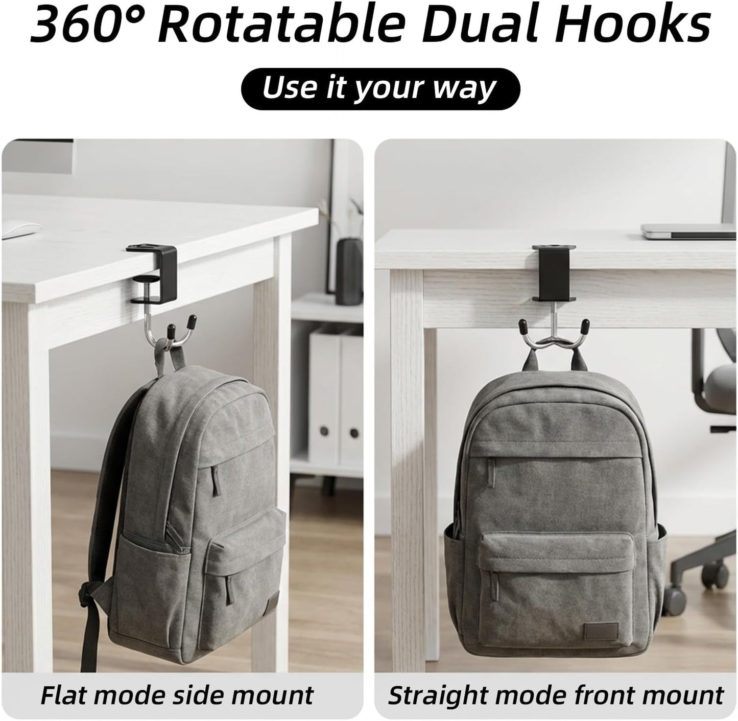 2PCS Heavy-Duty Purse Hooks for Table and Desk, Clamp-On Under Desk Hooks, Table Alloy Hanger, Adjustable Desktop Bag Hook for Handbag, Backpack, Headphone, Umbrellas, Office-Table Accessories (Black)