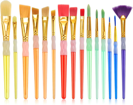 15Pcs Paint Brushes Value Pack, Includes 15 Different Types of Brushes, Nylon Colorful Hair with Silicone Crystal Penholder, Prefect Works with Oil, Acrylic and Watercolor Painting