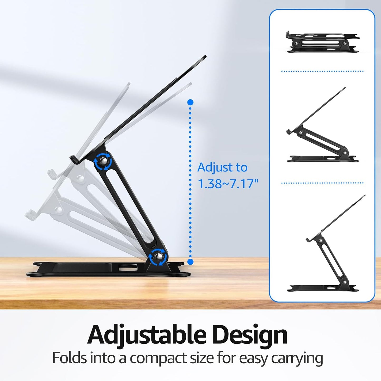 Urmust Aluminum Laptop Stand, Portable Laptop Riser, Adjustable Laptop Stand for Desk Foldable, Ergonomic Computer Notebook Holder for MacBook Air Pro HP, Office Desk Accessories (10-15.6'')- Black