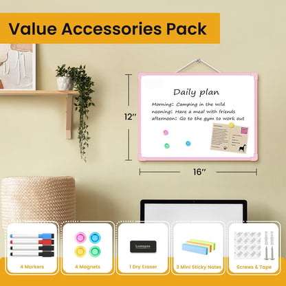 Small Dry Erase Board for Wall, 16" x 12" Double-Sided Hanging Whiteboard, Magnetic White Board with 4 Markers, 4 Magnets and 3 Mini Sticky Notes, Portable Whiteboard for Kids, School, Home, Office