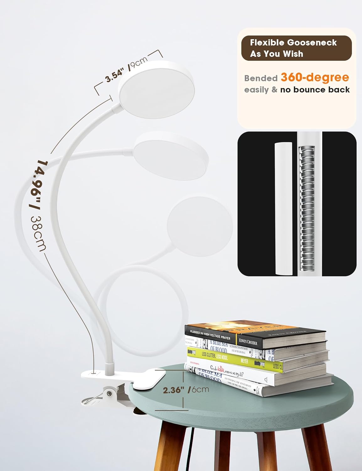 LiFMIRA Clip-on Lamp Reading Light - 5 Color Modes, 10 Brightness Levels, 8W, 66 LED, Eye-Caring Metal Clamp Light with Gooseneck for Bed, Headboard, Desk, Video Conferencing, Makeup