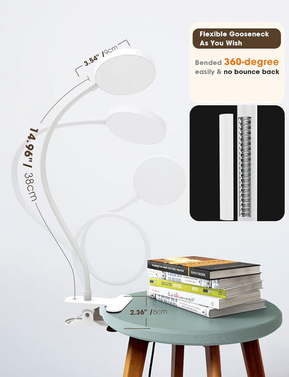 LiFMIRA Clip-on Lamp Reading Light - 5 Color Modes, 10 Brightness Levels, 8W, 66 LED, Eye-Caring Metal Clamp Light with Gooseneck for Bed, Headboard, Desk, Video Conferencing, Makeup
