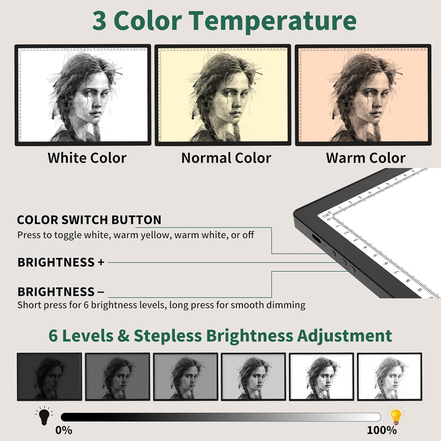HIUKCOLED Wireless Battery Powered A3 Light Pad, 3 Colors Stepless Dimmable and 6 Levels Brightness Light Board, Rechargeable LED Light Tracing Box for Diamond Painting,Cricut Weeding Vinyl Tools