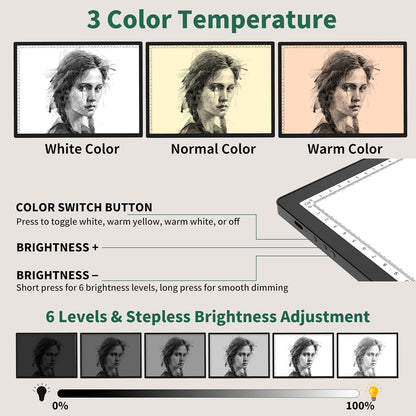 HIUKCOLED Wireless Battery Powered A3 Light Pad, 3 Colors Stepless Dimmable and 6 Levels Brightness Light Board, Rechargeable LED Light Tracing Box for Diamond Painting,Cricut Weeding Vinyl Tools