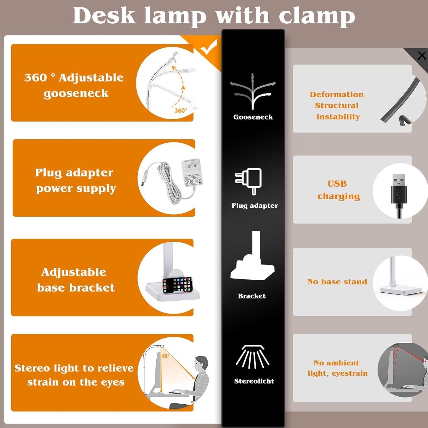 AKRRYR LED Desk Lamp for Home Office, Double Head 24W with Base, Architect Light 5 Lighting Brightness Flexible Gooseneck Table Reading Study, Black