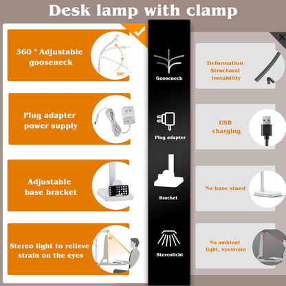 AKRRYR LED Desk Lamp for Home Office, Double Head 24W with Base, Architect Light 5 Lighting Brightness Flexible Gooseneck Table Reading Study, Black