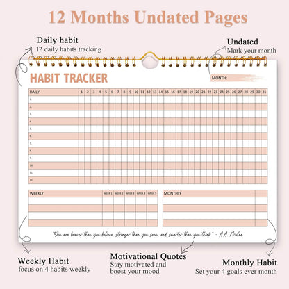 Habit Tracker Calendar, Aesthetic Daily Weekly Goal and Habit Tracker Journal, 12 Months Undated Habits Tracker Planner with Spiral Binding, Boost Productivity Tool and Workout Calendar, 11.7"x8.5"