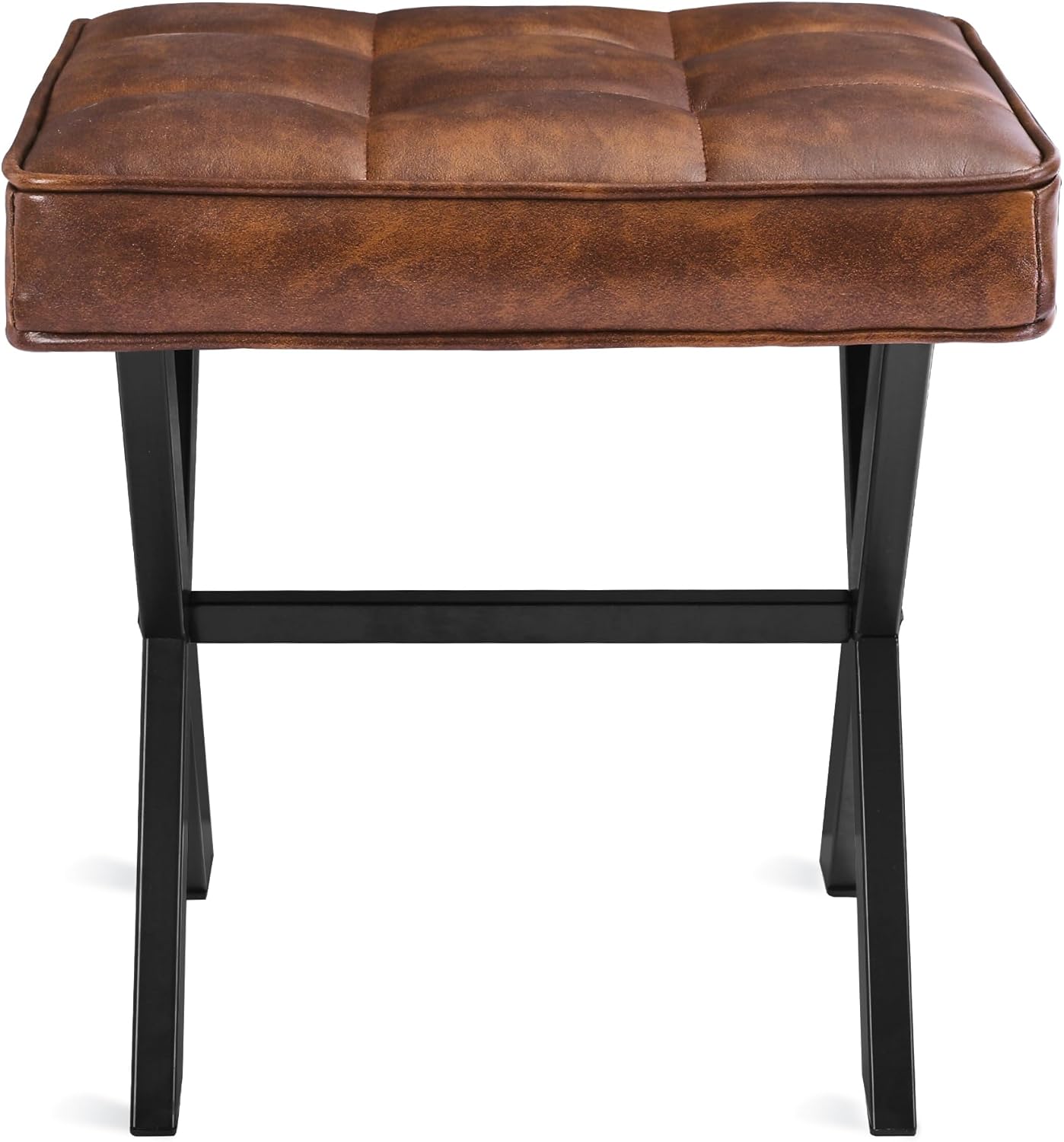 LUE BONA Square Linen Makeup Stool, Metal X Legs, Small Ottoman Stool Chair for Vanity, Modern Padded Seat Foot Rest for Makeup Room, Bathroom