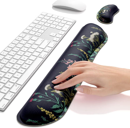 Dapesuom Enlarge Keyboard Wrist Rest, Memory Foam Wrist Cushion for Desk Mat Support, Cute Pain Relief Keyboard Mouse Pad Rests Set with Non-Slip Base for Gaming Laptop Office Computer, Elegant Flower