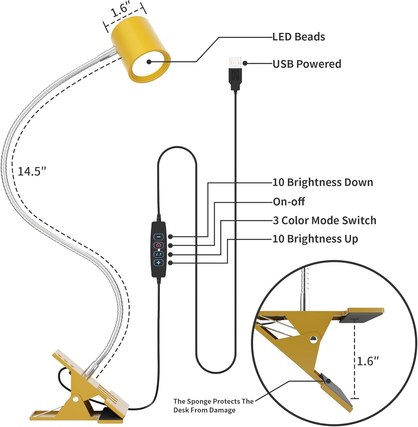 Dott Arts Desk Lamp,USB Clip On Light,Book Lights for Reading at Night,3 Color Modes,10 Brightness Clamp Lights,360° Gooseneck LED Reading Light for Books in Bed,Eye-Care for Home Office,Headboards