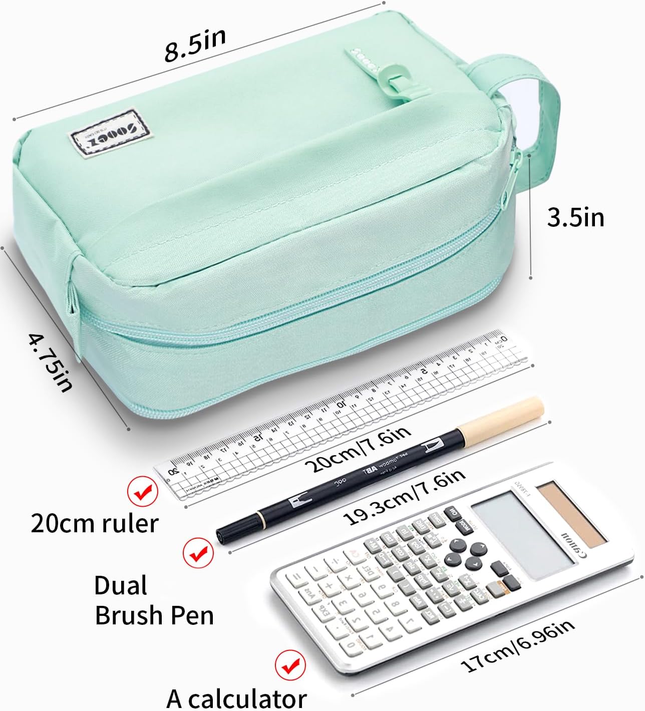 Sooez Original High Capacity Pencil Case, Big Pencil Bag Pouch Box Organizer Pen Case, Aesthetic Supply for Girls Adults, Portable Journaling Supplies with Easy Grip Handle & Loop, Mint Green