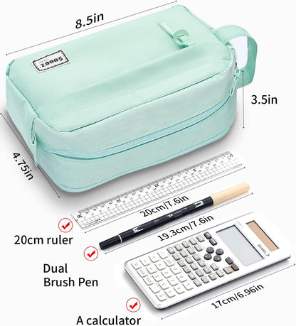 Sooez Original High Capacity Pencil Case, Big Pencil Bag Pouch Box Organizer Pen Case, Aesthetic Supply for Girls Adults, Portable Journaling Supplies with Easy Grip Handle & Loop, Mint Green