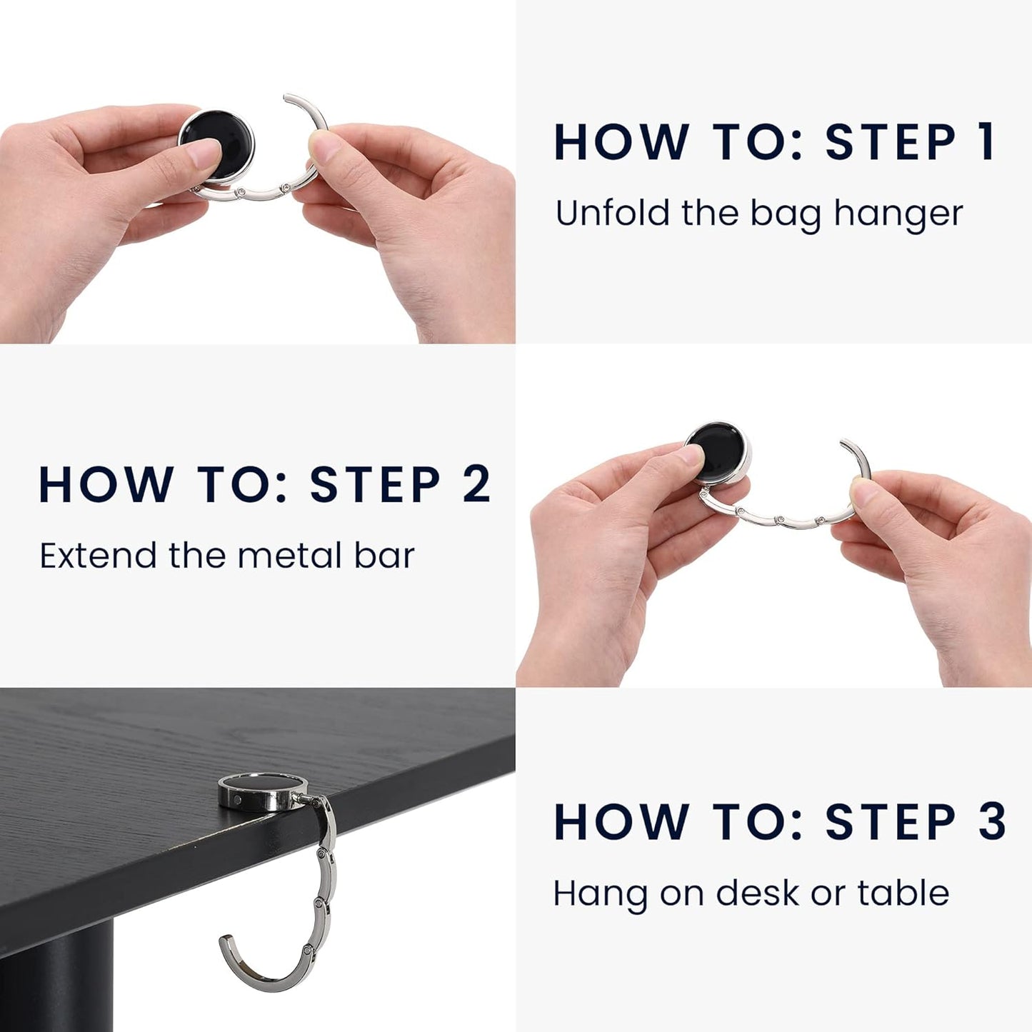 kwmobile Purse Hook for Table - Set of 2 Purse Holder - Folding Handbag Hanger - Portable Bag Holder - Bag Hooks for Desk - Table Hook Black