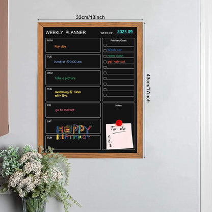 Calendar Weekly Chalkboard, 10.6" * 14.6", Magnetic Surface Rustic Brown Solid Pine Wood Frame Black Board for Office, School and Home(ZLHB-QZ-2737)