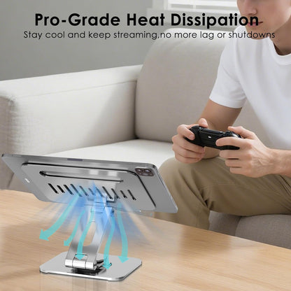 Tablet Stand for Desk, 360° Rotating iPad Stand, Aluminum Adjustable & Foldable iPad Holder, Compatible for iPad Pro Air Mini Surface Pro Samsung Galaxy Tabs Kindle, 4-12.9 inch, Silver