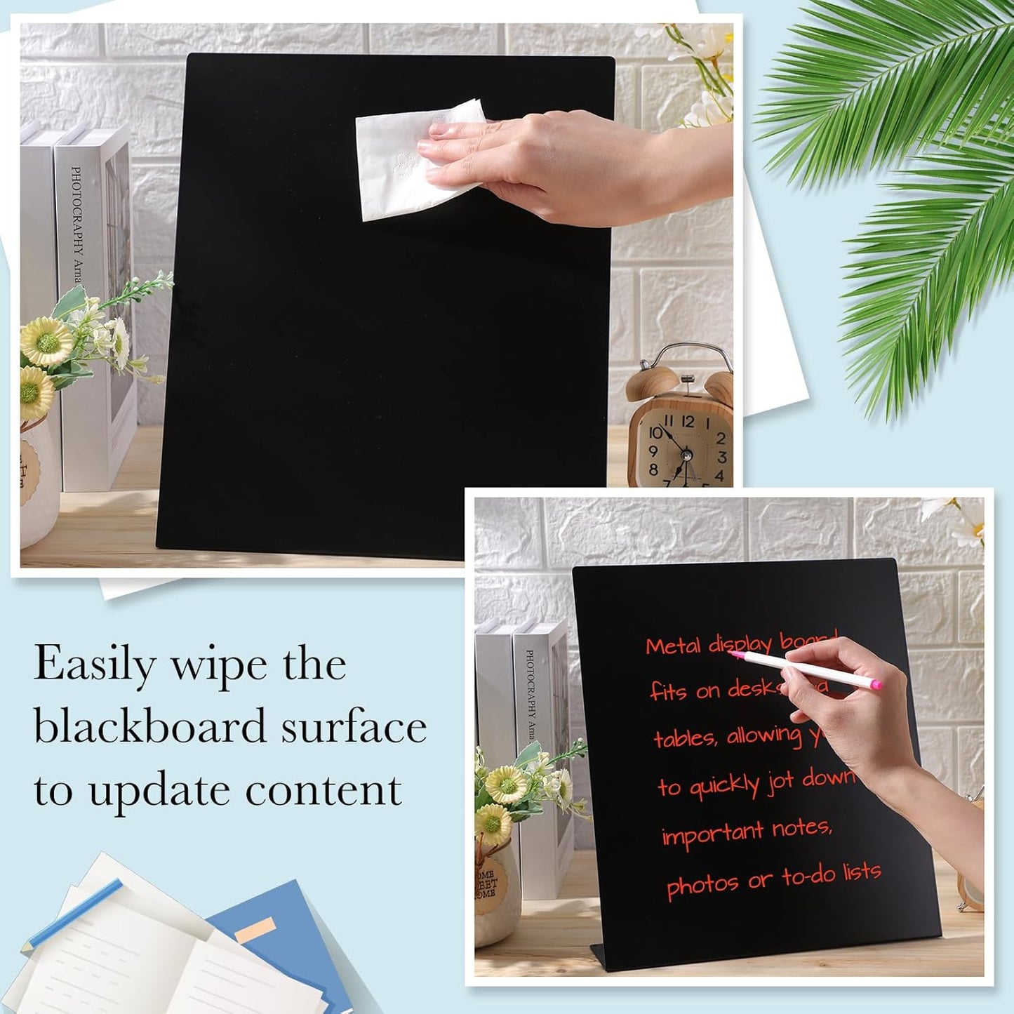 Fainne 2 Pcs Magnetic Bulletin Board with Easel Stand Mini Magnet Metal Tabletop Memo Display Board for Back to School Menu Table Office Supplies (Black,11 x 8.5 Inches)