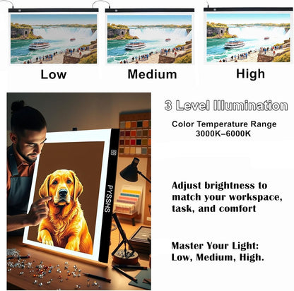 Large A2 LED Light Pad for Diamond Art Painting & Tracing, USB-Powered Light Board with 3 Brightness Levels - Includes Clips & Painting DIY Tools Kit