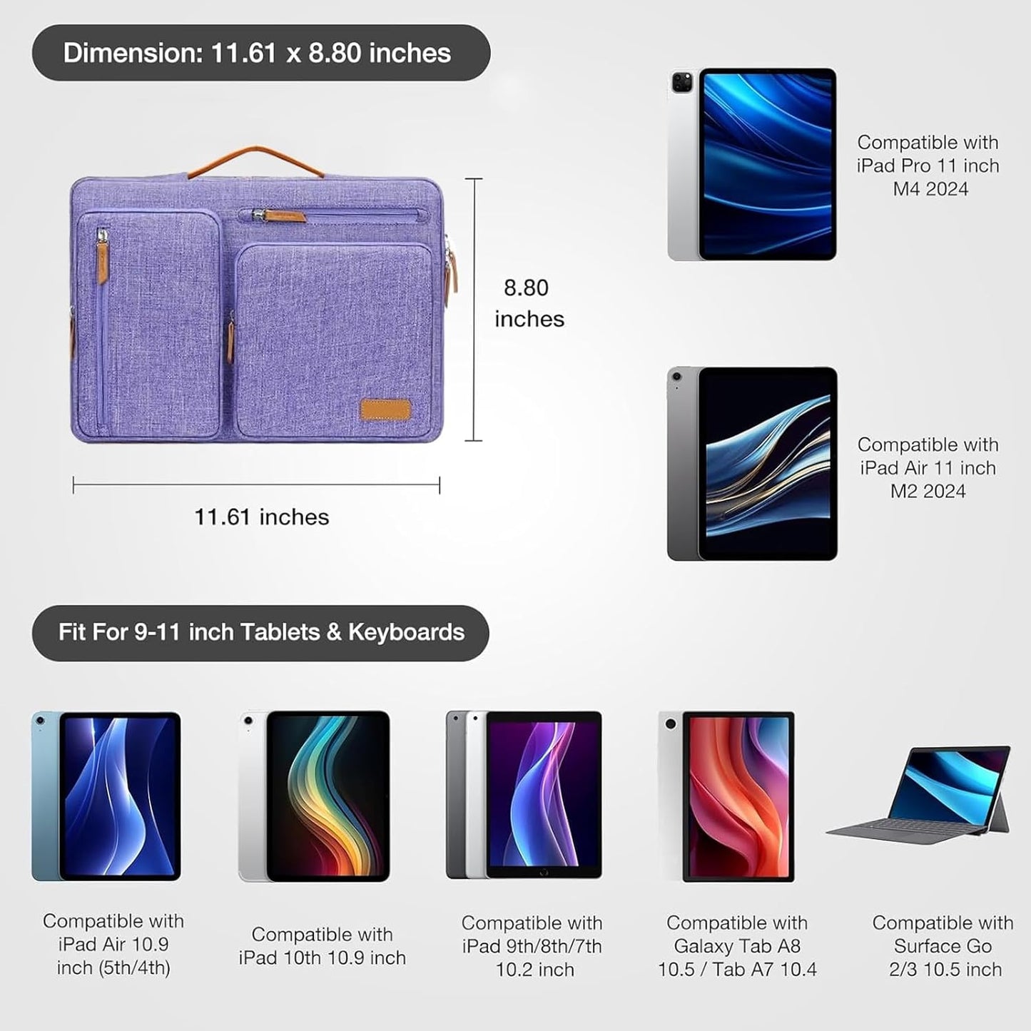 MOSISO 9-11 inch Tablet Sleeve Case for iPad A16 2025, iPad Air 11 inch M3 M2, iPad Pro 11 M4, iPad 10/9/8/7th, Galaxy Tab A9+/S9/S8/Plus 11, Side Open Carrying Bag with 4 Zipper Pockets, Black