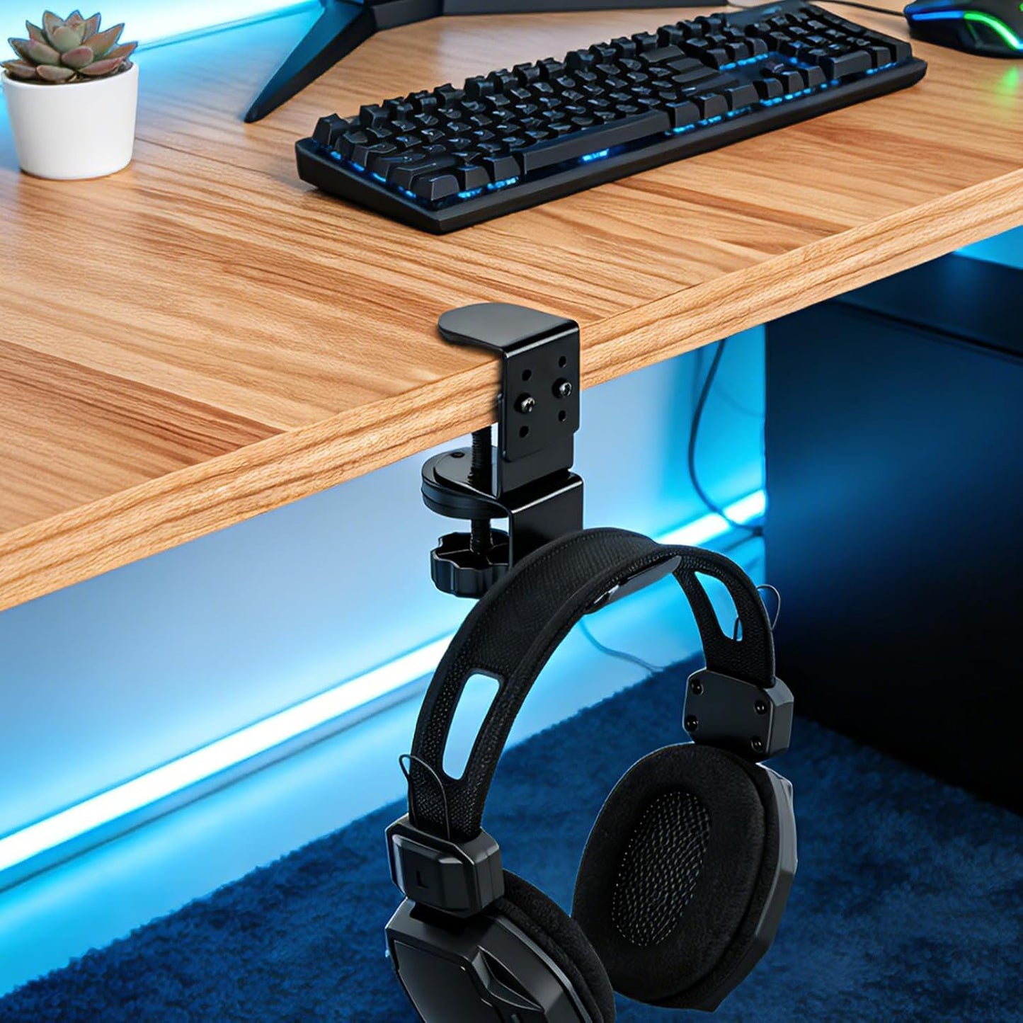 MYITYARD Desk Cup Holder Clamp, Anti-Spill Clip On Table Cup Holder, Rotatable Water Bottle Stand Drink Coffee Mug Storage, Office Accessories for Home and School (Black)