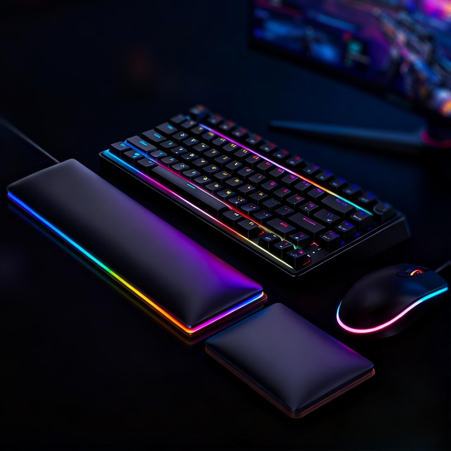 ASFSKY Keyboard and Mouse Wrist Rest Set for 60%-75% Compact Keyboards – Ergonomic Wooden Support Pad with PU Leather & Memory Foam, Anti-Slip Rubber Base for Gaming, Office & Typing Pain Relief