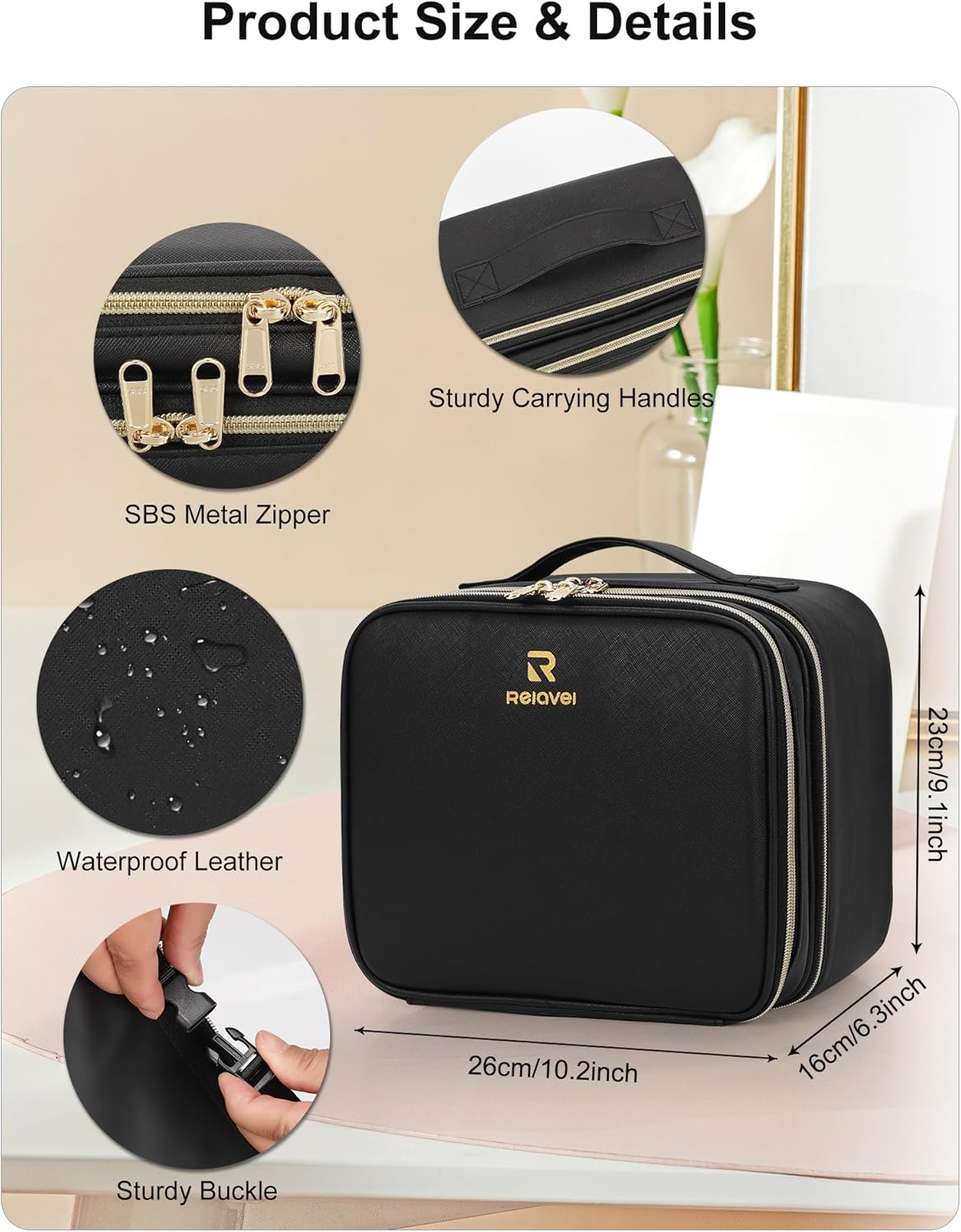 Relavel Travel Makeup Bag With LED Mirror, Cosmetic Train Case with Light up Mirror, Portable Makeup Artist Organizer Bag with Adjustable Dividers, Makeup Brush Holder Storage, Black