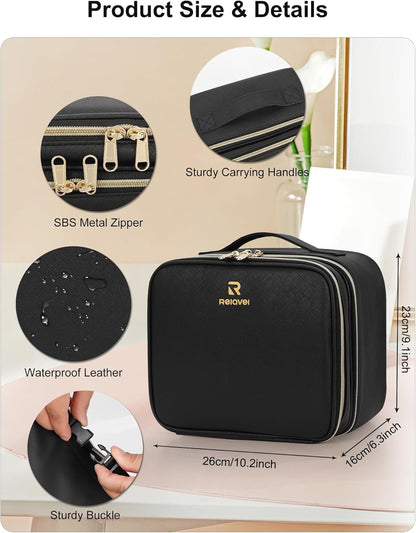 Relavel Travel Makeup Bag With LED Mirror, Cosmetic Train Case with Light up Mirror, Portable Makeup Artist Organizer Bag with Adjustable Dividers, Makeup Brush Holder Storage, Black