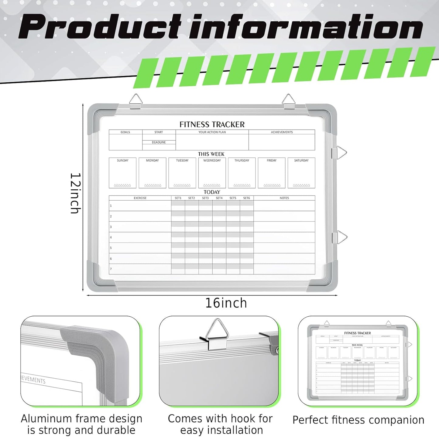 Lincia 16 x 12 Inch Fitness Tracker Whiteboard Workout Calendar for Home Gym Dry Erase Planner Hanging Removable to Do List for Wall Whiteboard with Aluminum Frame for Gym Program(Style A)