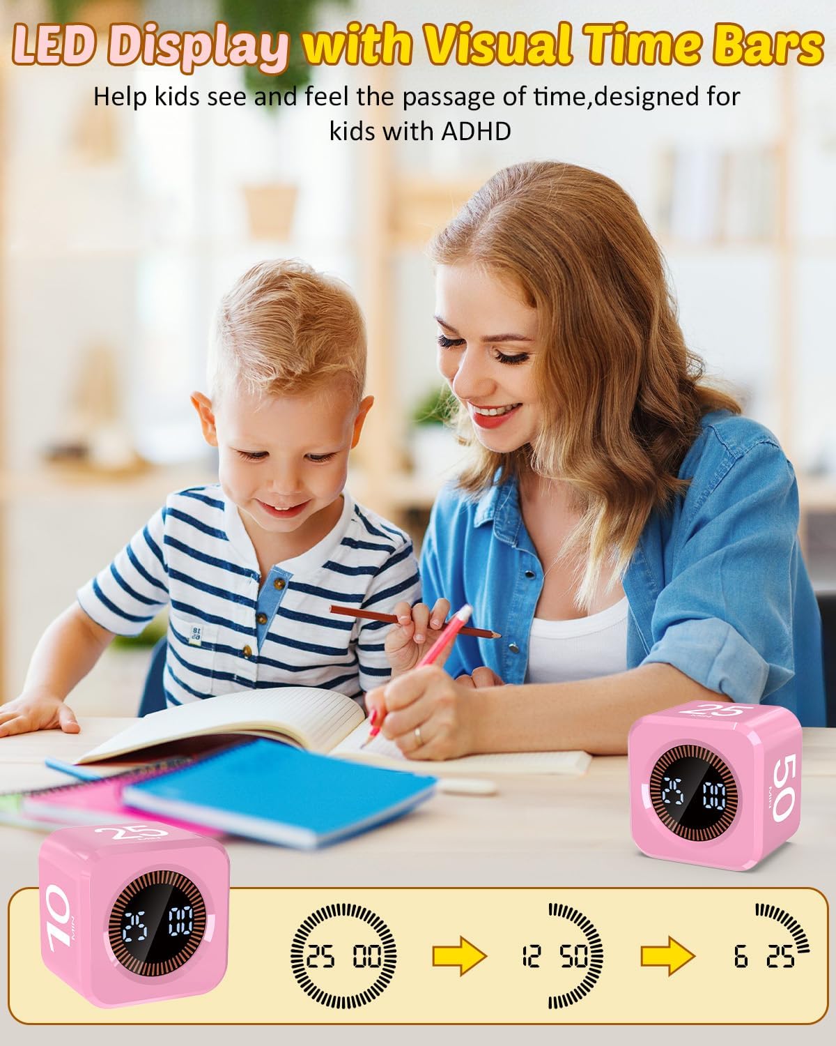 Digital Pomodoro Timer Cube 5/10/25/50min, Visual Productivity Flip Timer for Kids Classroom Desk, Custom Countdown, Silent and Sound Mode for ADHD Study Work Game Kitchen (Pink)