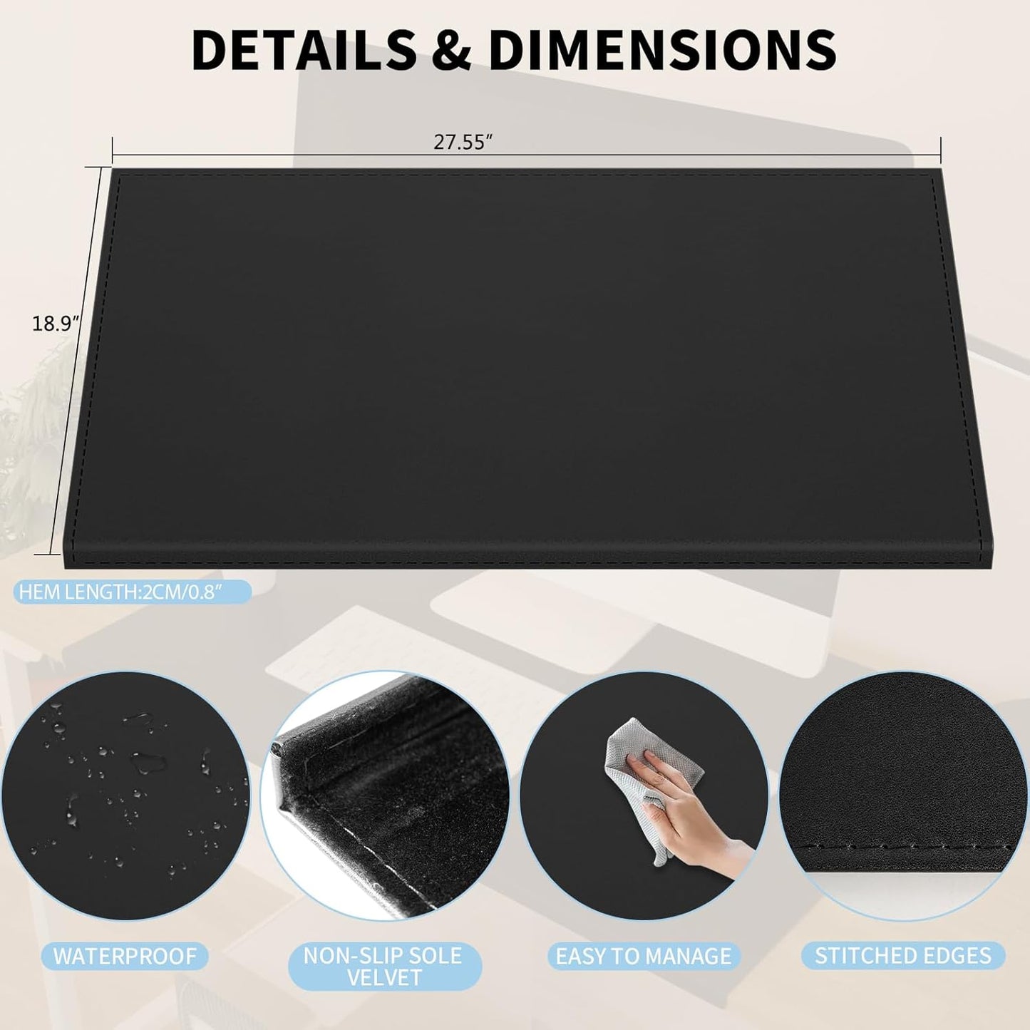 AKOZLIN 35.4"x 18.9" Soft PU Leather Surface Office Desk Mouse Mat Anti-Push Pad with Full Grip Fixation Lip Table Blotter Edge-Locked Protector