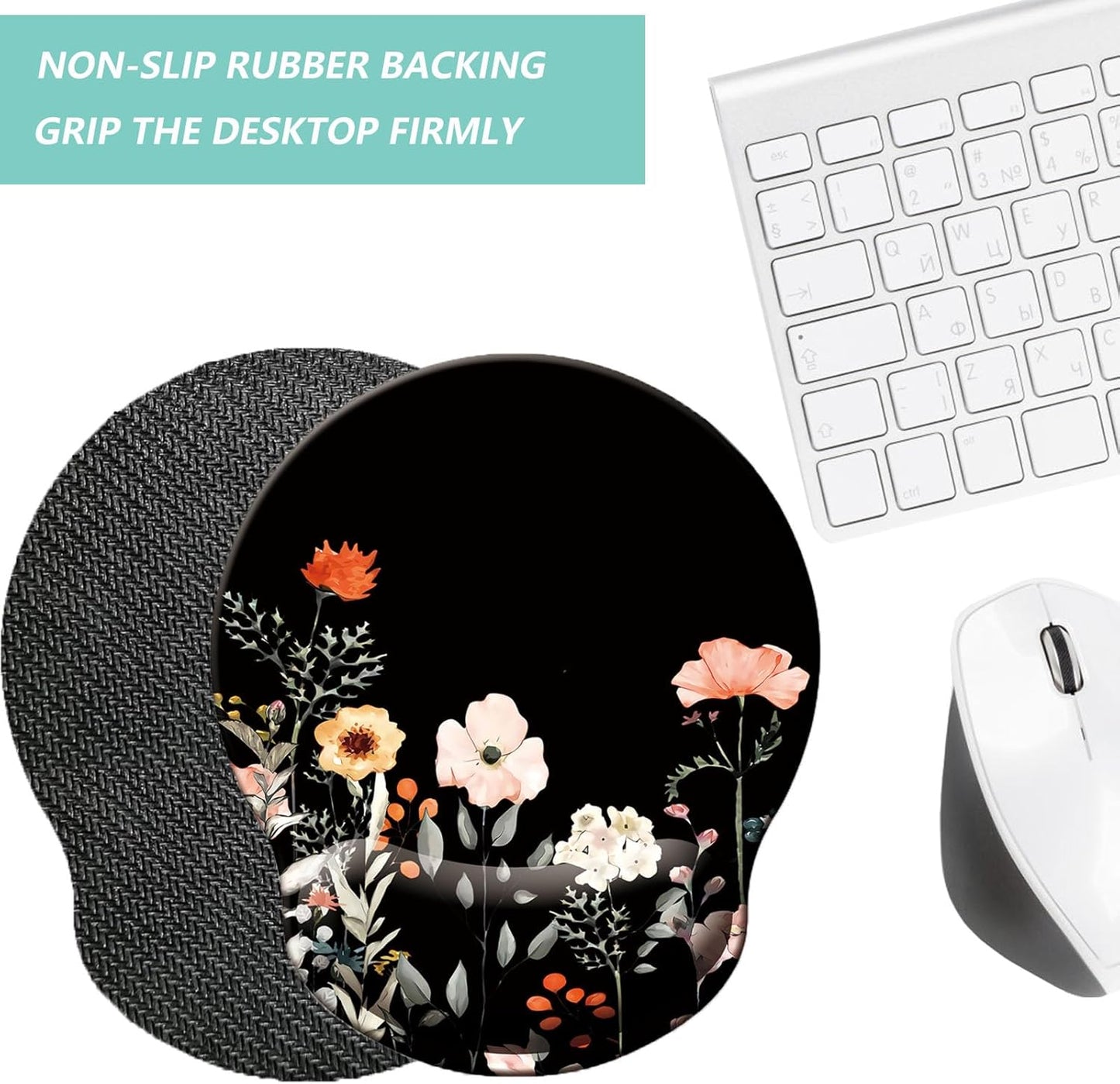 Mouse Pad with Wrist Support, Ergonomic Mouse Pad with Memory Foam Wrist Rest Cushion, Non-Slip Rubber Base Gaming Mice Pad for Home Office Computer Laptop, Flowers Grass