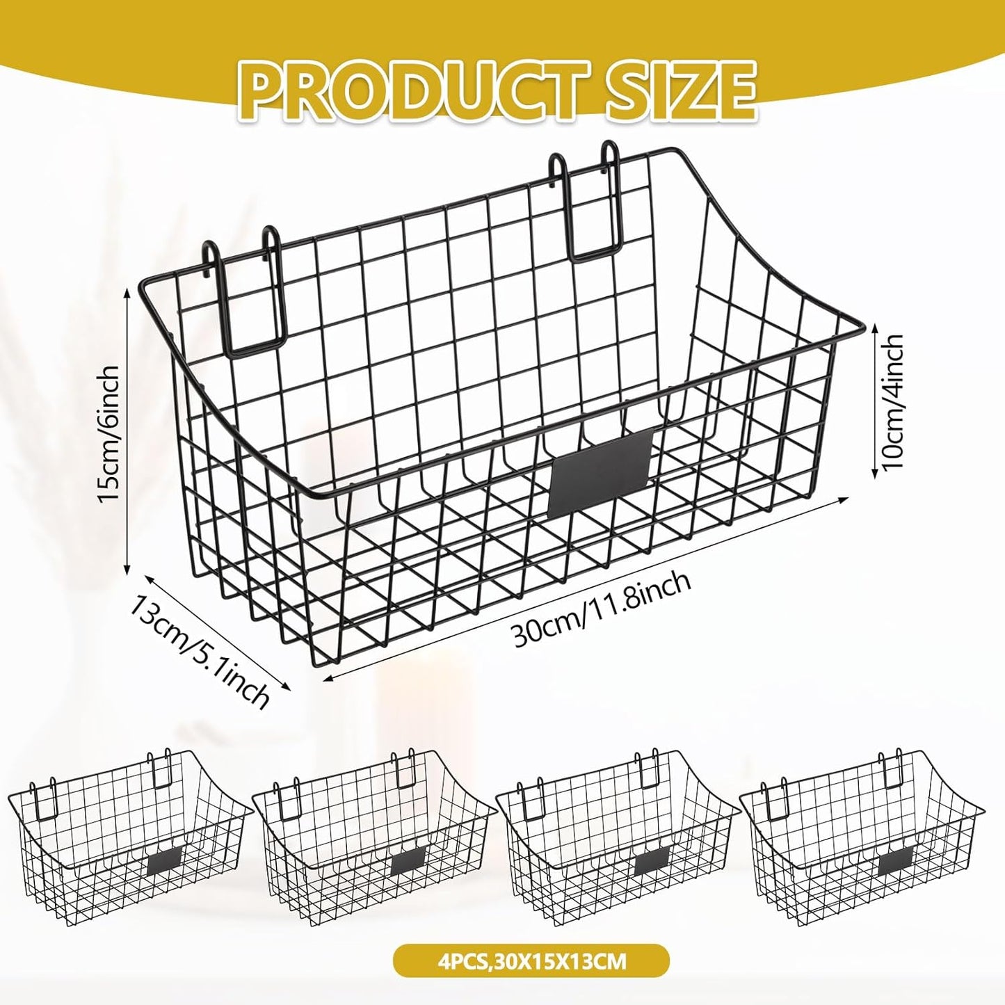 4 Pack Black Grid Wall Baskets, 12 x 6 x 5.1 Inch Metal Wire Wall Basket with Hooks Label Hanging Basket Accessory for Vendor Trade Shows, Kitchen, Bathroom, Pantry Storage