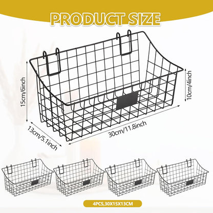 4 Pack Black Grid Wall Baskets, 12 x 6 x 5.1 Inch Metal Wire Wall Basket with Hooks Label Hanging Basket Accessory for Vendor Trade Shows, Kitchen, Bathroom, Pantry Storage